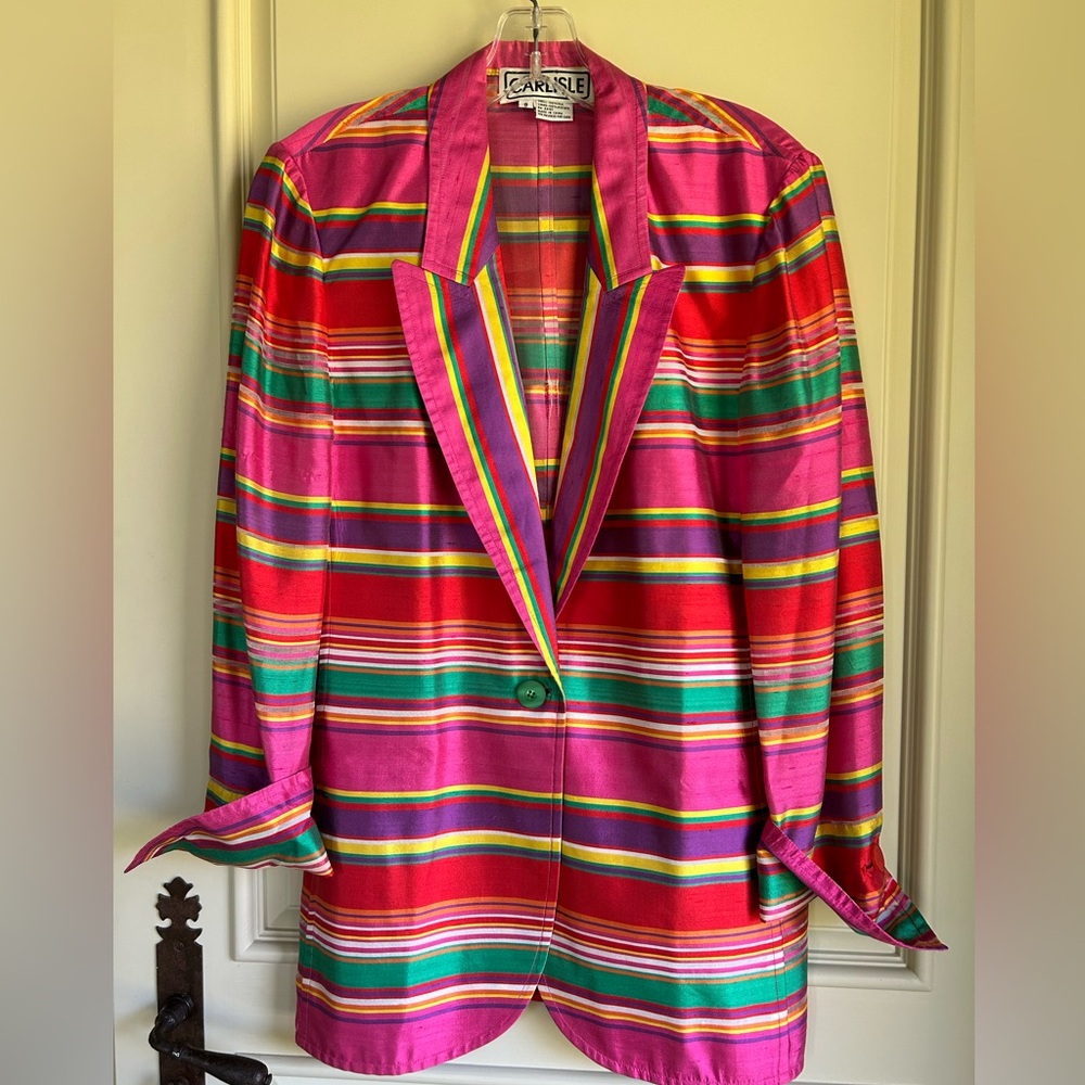 Carlisle Silk Blazer Womens Size 8 Bold bright Horizontal Stripe 100% Silk